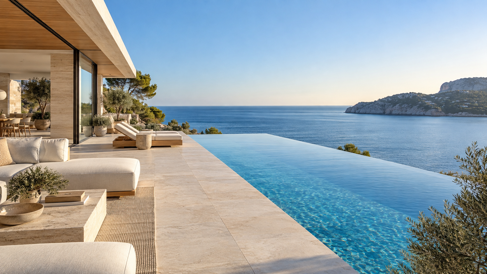 Contemporary Mediterranean terrace with an infinity pool overlooking the sea — architectural concept